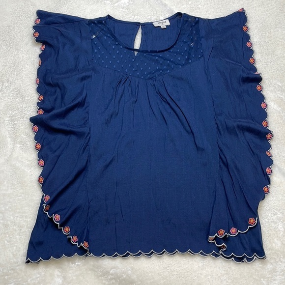 Umgee Butterfly Sleeve Mesh Neck Scallop Trim Blouse Size Large - Picture 1 of 9
